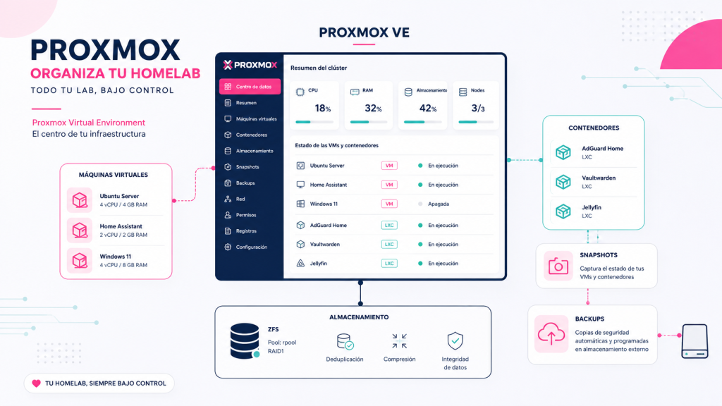 Esquema visual de Proxmox VE con máquinas virtuales, contenedores LXC, almacenamiento, snapshots y backups