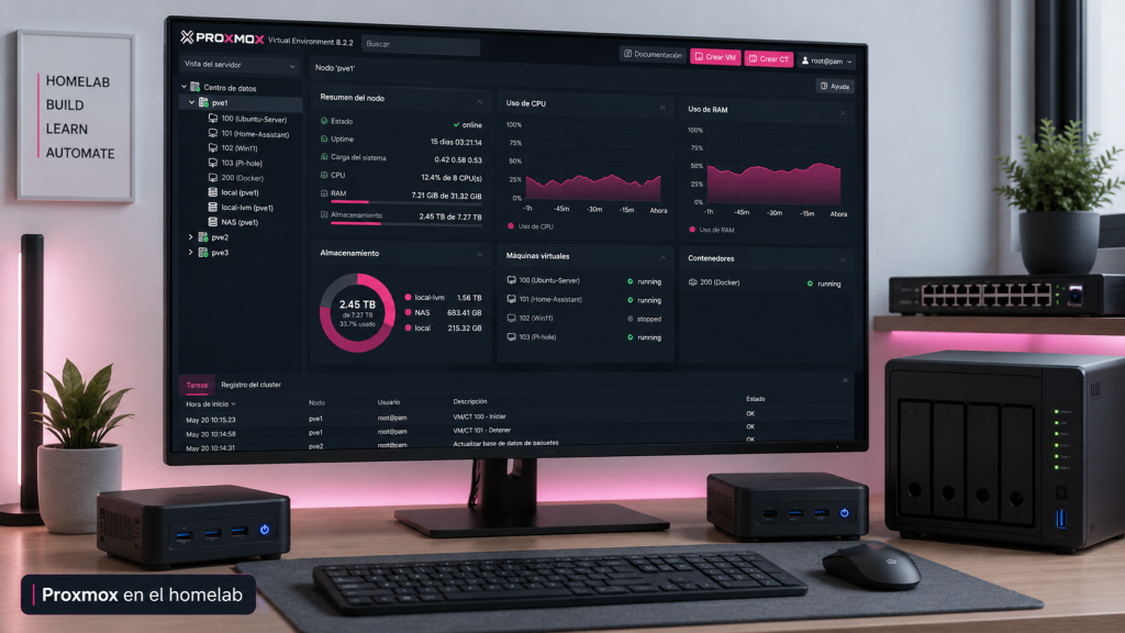 Panel de Proxmox en un entorno de homelab con mini PC, NAS y red doméstica
